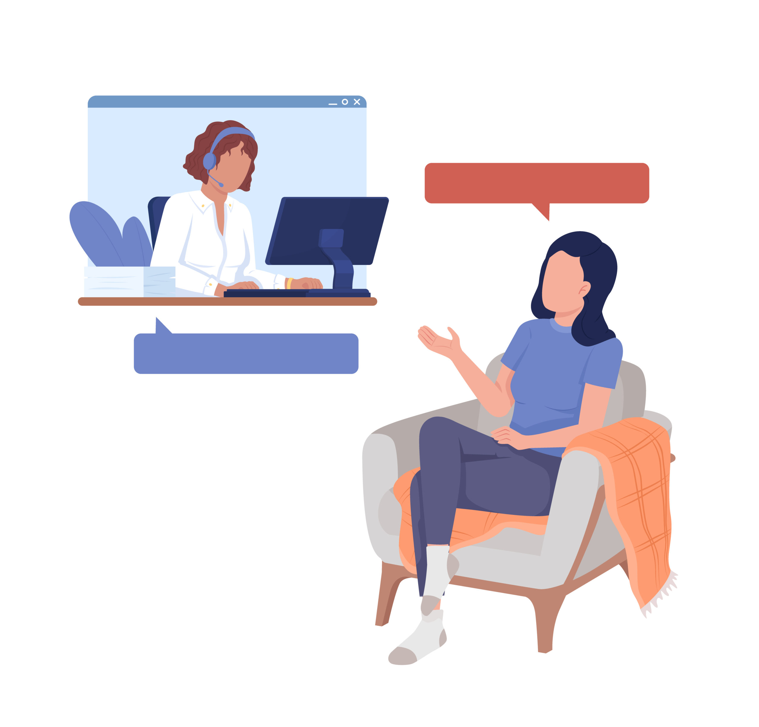 Female client consulting with call center agent semi flat color vector characters