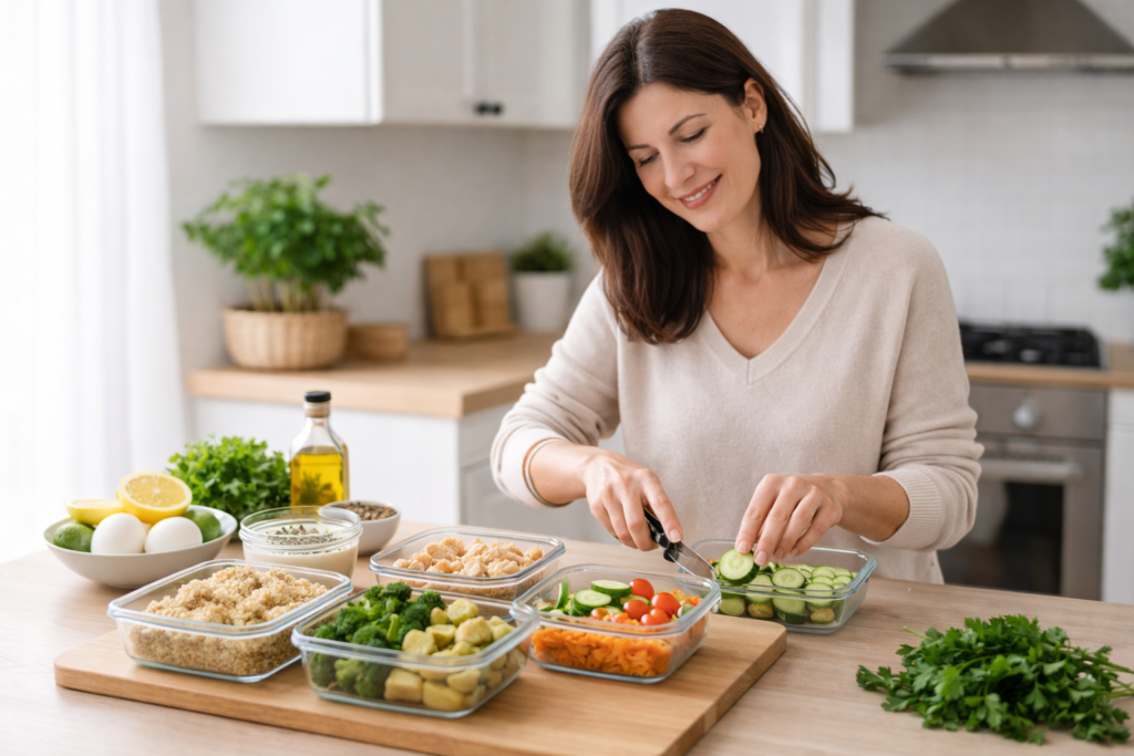 Femme active préparant un batch cooking doux avec quinoa, poulet, œufs, légumes et sauce dans une cuisine lumineuse.