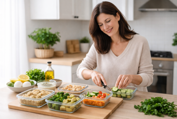 Femme active préparant un batch cooking doux avec quinoa, poulet, œufs, légumes et sauce dans une cuisine lumineuse.
