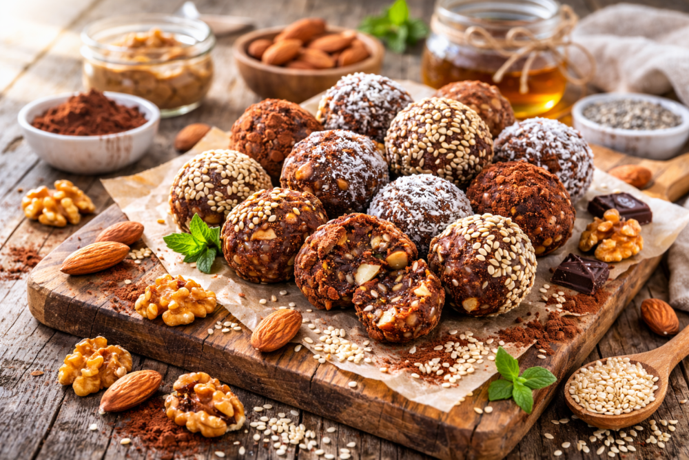 Energy balls anti-fringale cacao amande noix roulées dans graines de sésame
