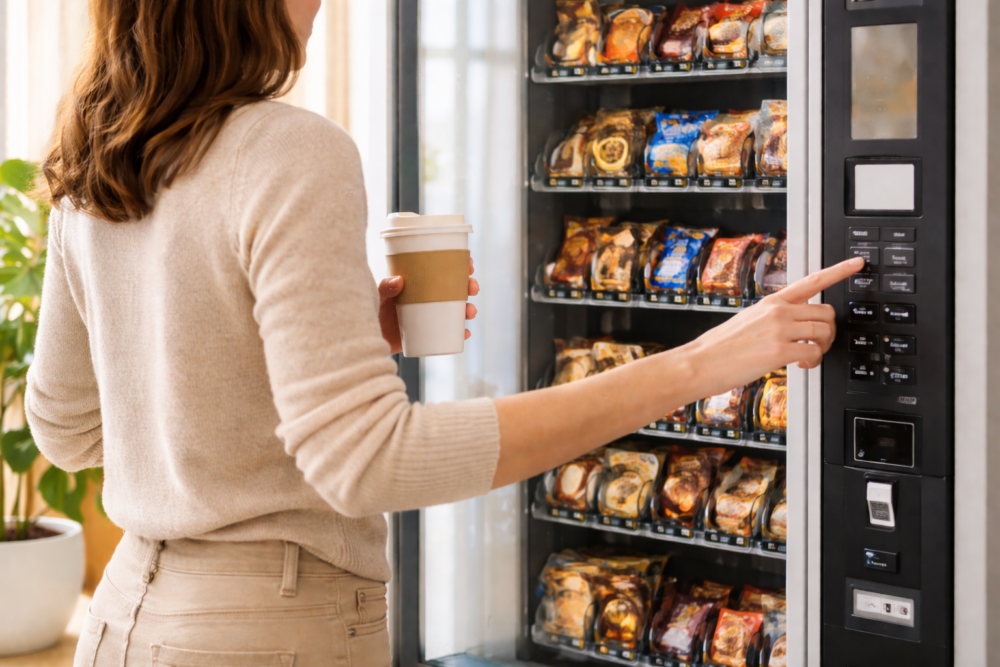 Une Femme a faim sous stress au travail devant un distributeur automatique en train de choisir snack