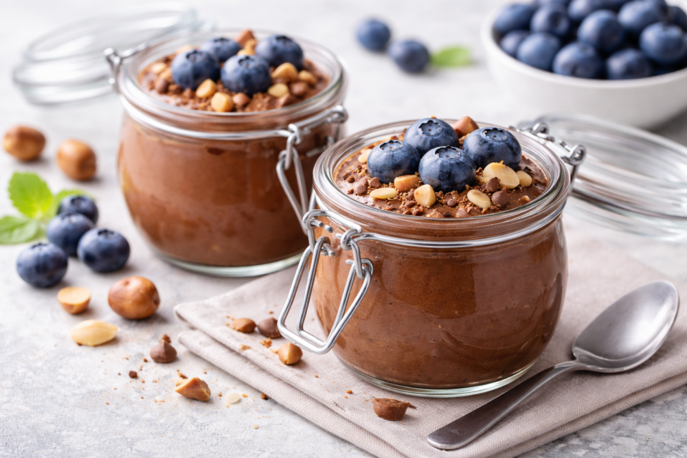 Mousse au chocolat IG bas en bocaux en verre avec myrtilles et noisettes