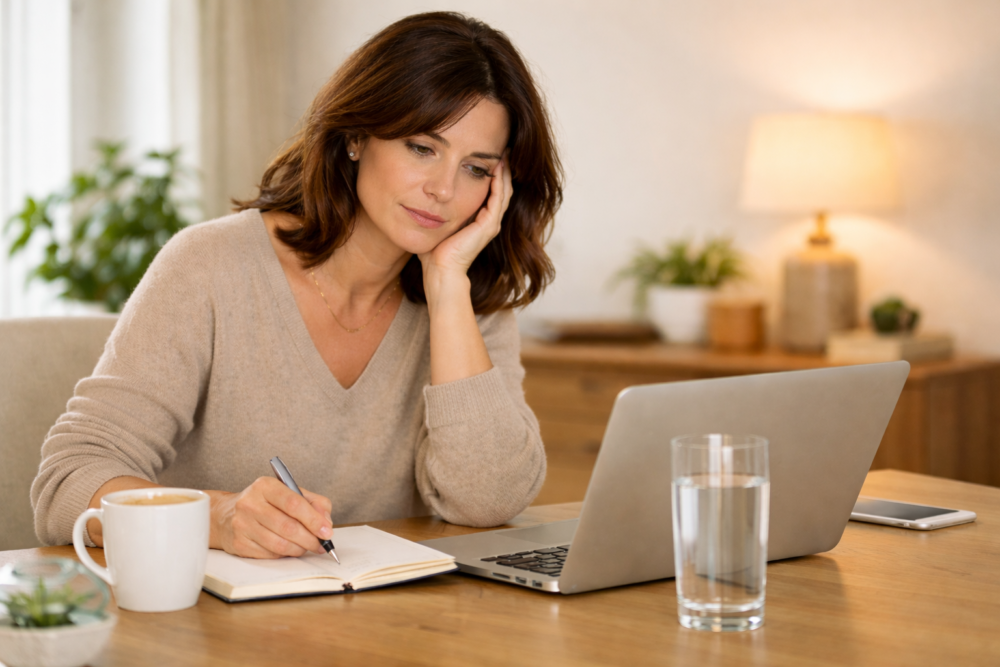 Femme active fatiguée à son bureau avec café et verre d’eau.