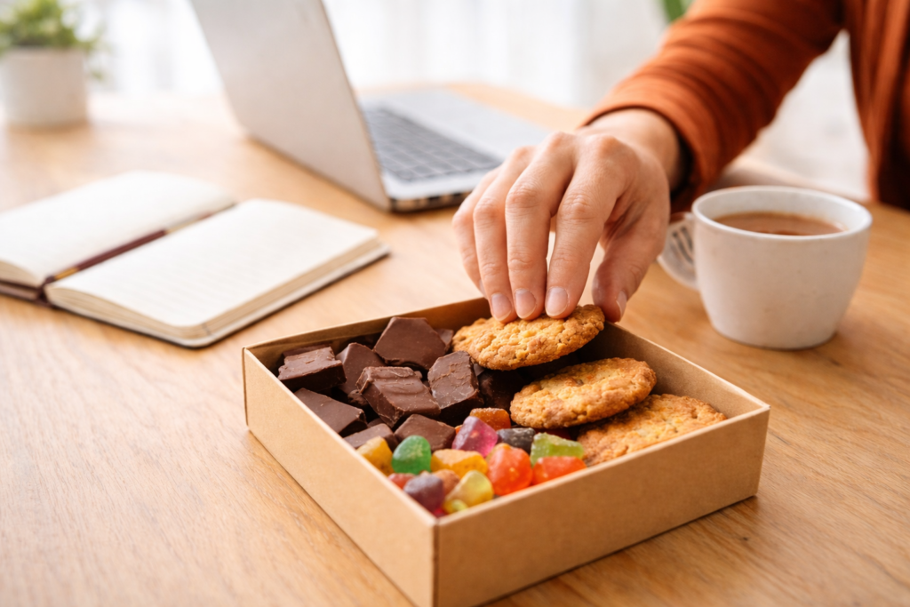 Envie de sucre sous stress au bureau : main prenant un biscuit près d’une tasse de café