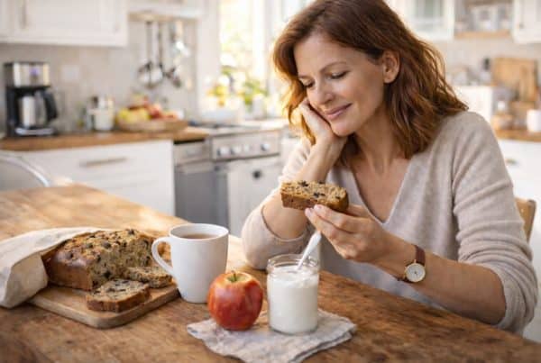 Femme de 40 ans prenant un petit-déjeuner équilibré avec banana bread, yaourt et thé dans une cuisine lumineuse