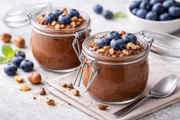 Mousse au chocolat IG bas en bocaux en verre avec myrtilles et noisettes