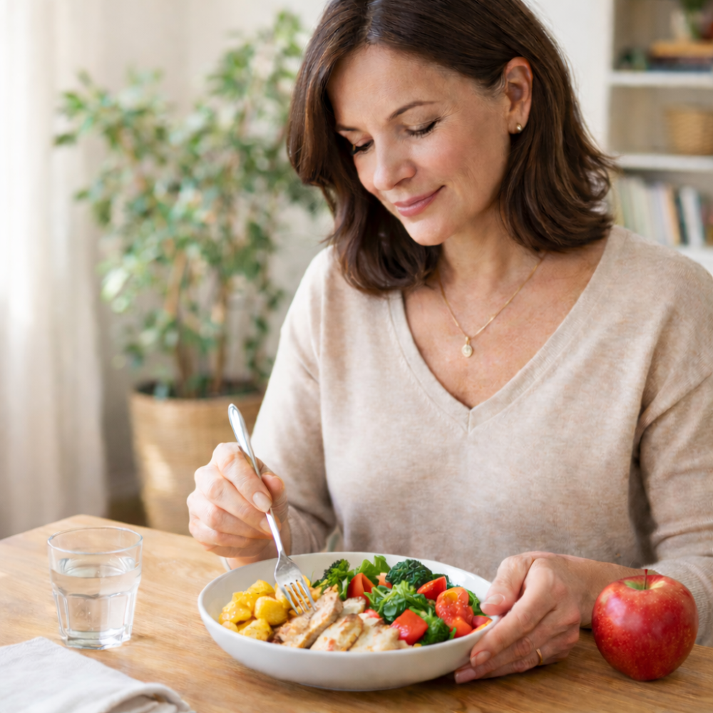 Femme active prenant un repas rapide et équilibré avec poulet, légumes et féculents dans un intérieur lumineux.