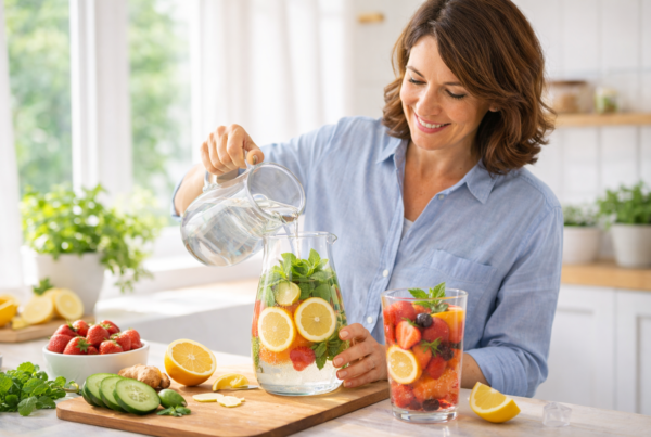 Femme active préparant des boissons hydratantes maison dans une cuisine lumineuse.