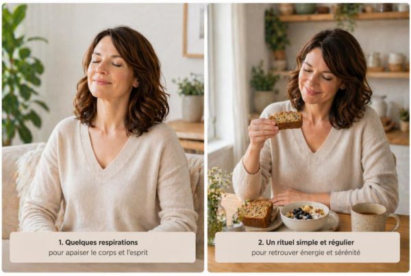Femme pratiquant la respiration avant un petit-déjeuner calme pour stabiliser son énergie le matin