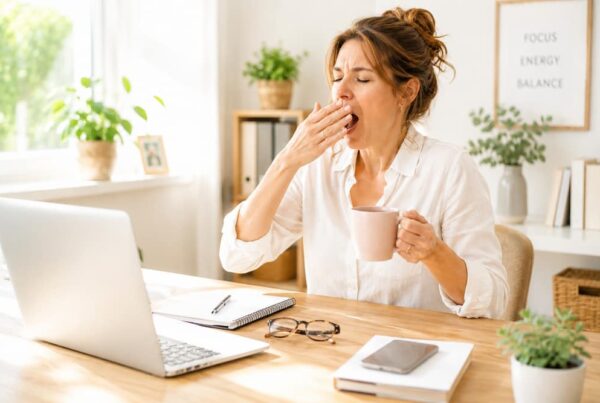 Femme active ayant un coup de barre à 10h, au bureau avec un café le matin