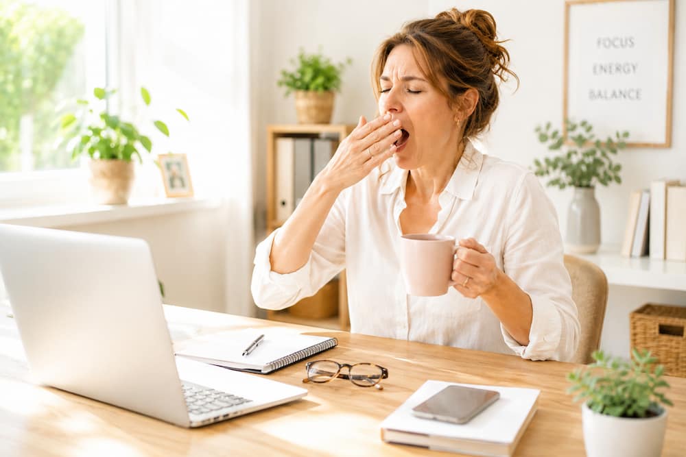 Femme active ayant un coup de barre à 10h, au bureau avec un café le matin