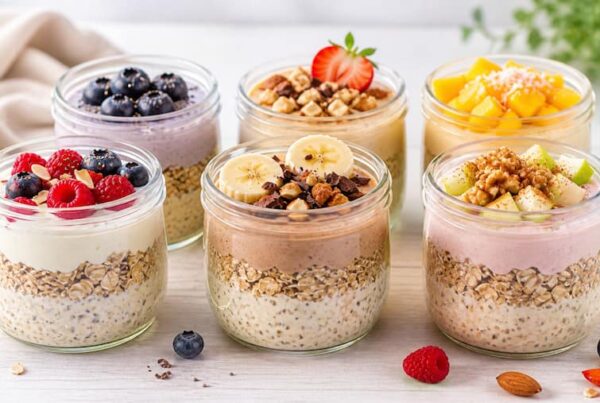 Overnight oats en bocaux avec différentes garnitures : fruits rouges, banane chocolat, mangue coco et oléagineux pour un petit-déjeuner sain