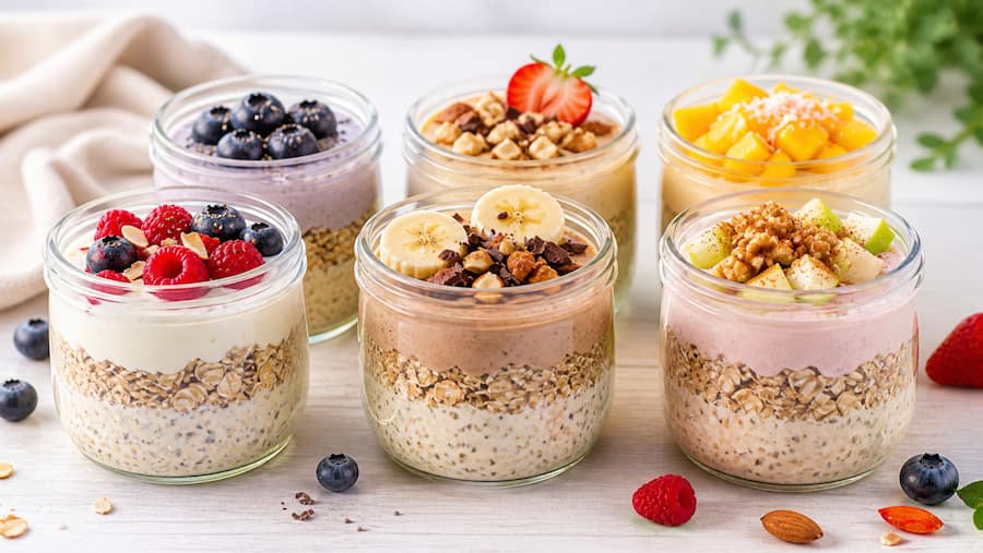 Overnight oats en bocaux avec différentes garnitures : fruits rouges, banane chocolat, mangue coco et oléagineux pour un petit-déjeuner sain